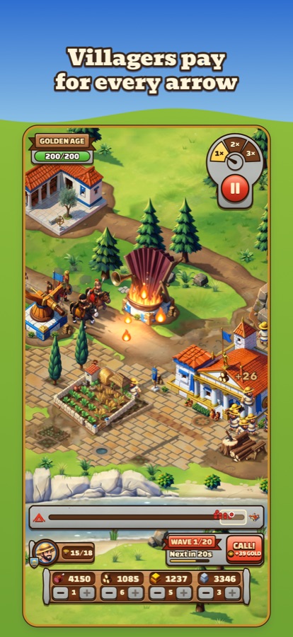 The Greek town at the Golden Age, with towers firing beside the farm and the Town Center