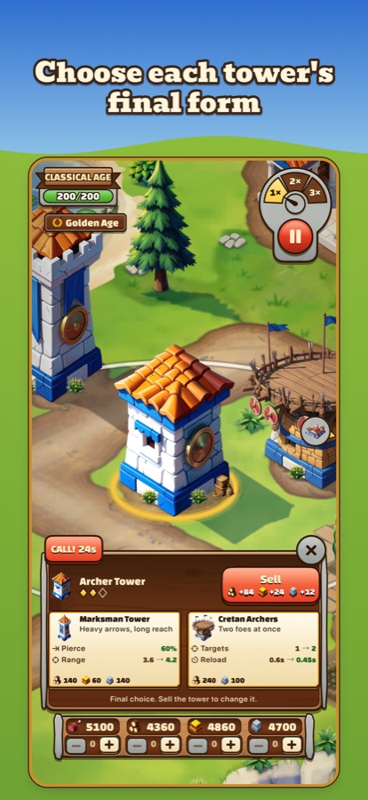 The tower panel showing the final choice between Marksman Tower and Cretan Archers